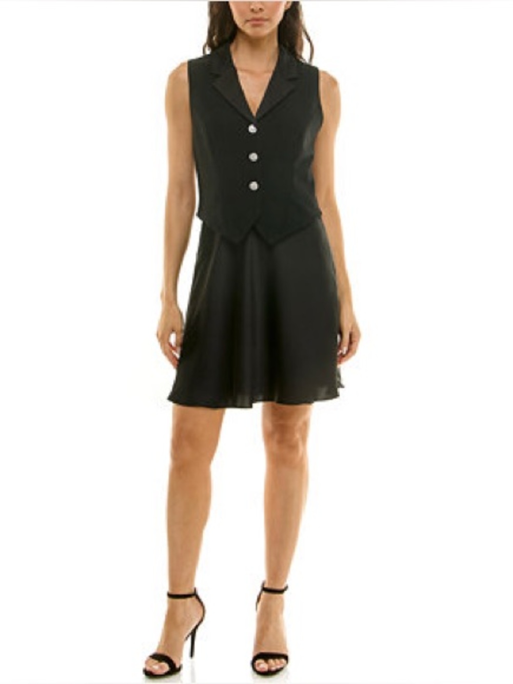 Taylor Black Tuxedo Vest Satin Skirt Mini Dress Rhinestone Buttons Size 6P